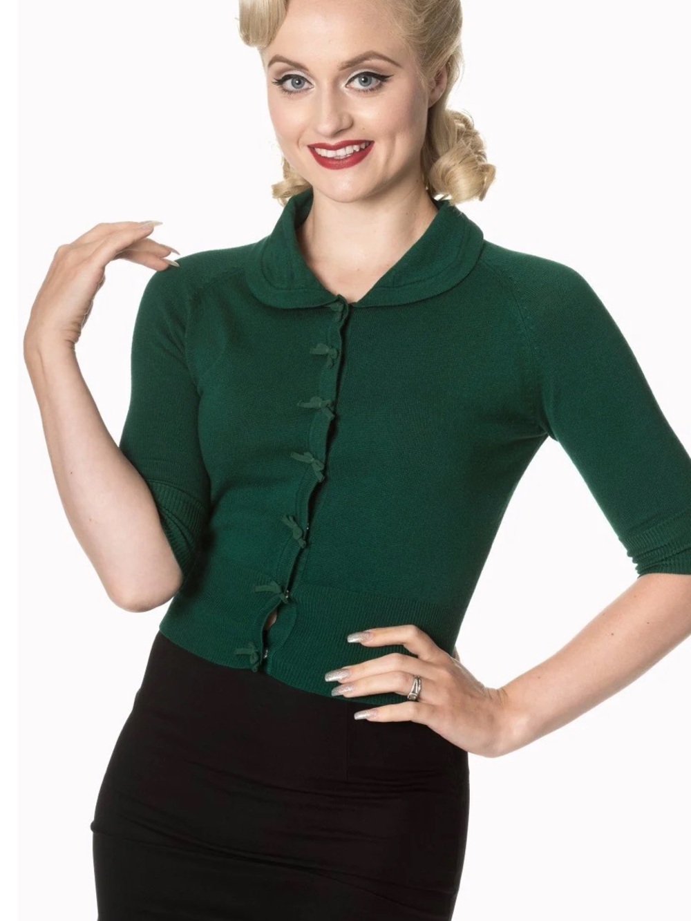 Banned Retro 40s 50s April Bow Dark Green Short Sleeve Cardigan W2496 Sz XL